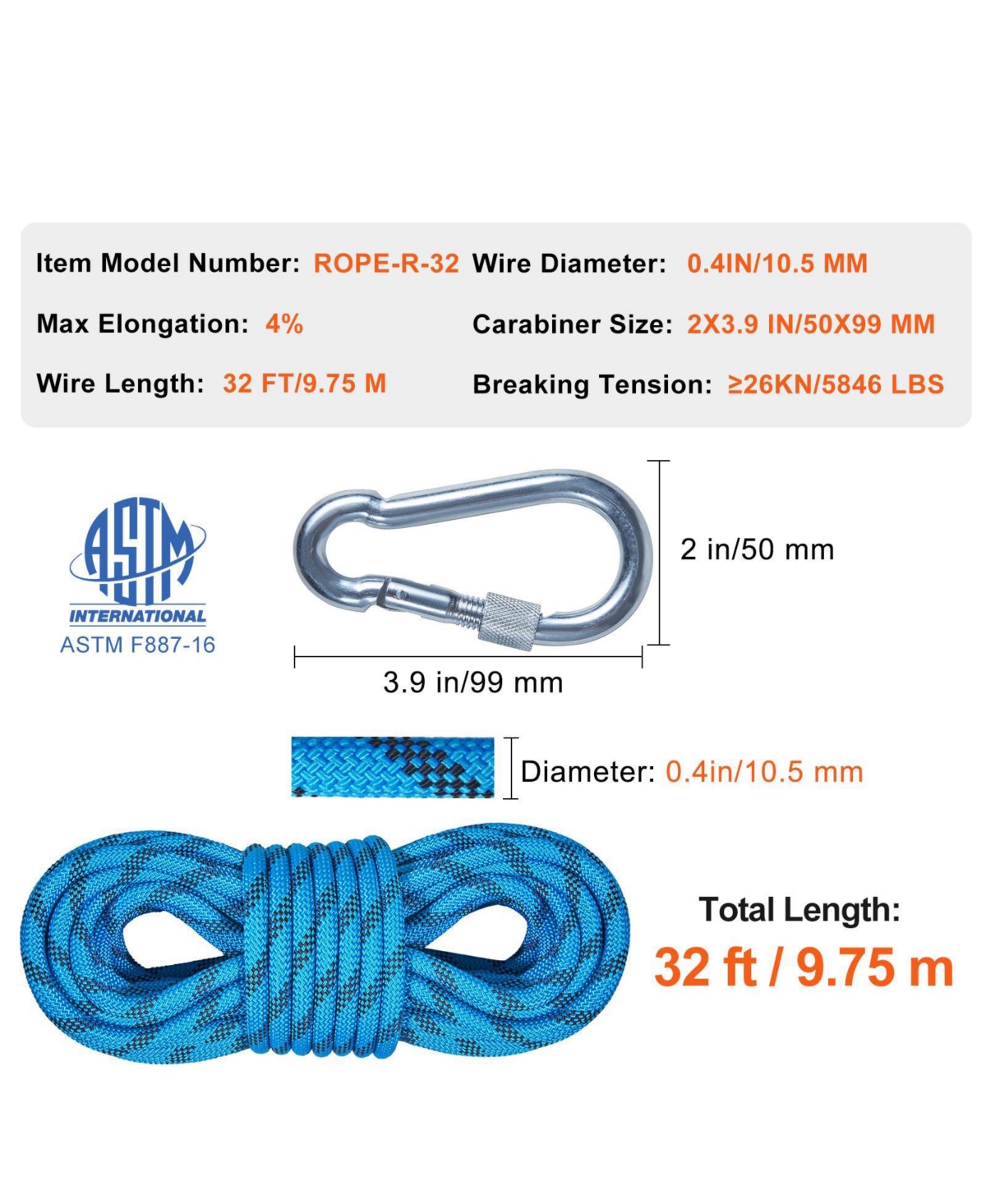 Mecale 10.5 mm Static Climbing Rope, 9.7M (32ft), 25KN Breaking Tension, Fiber Rope with Steel Snap Hooks, Blue