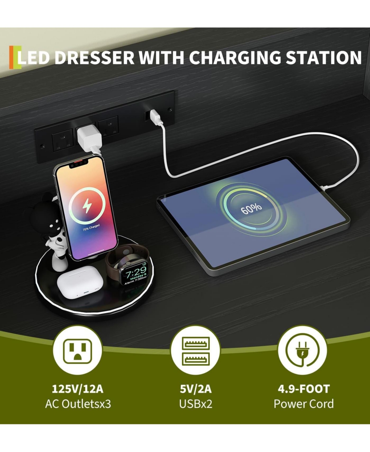 Gaomon 5-Drawer Dresser with Rgb Lights, Charging Station & App-Controlled Music Sync. Large Wooden Chest for Bedroom Storage.