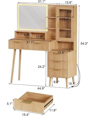 Makeup Vanity Desk With HD Lighted Mirror and Power Outlet - Modern Glass Top Elegant Fluted Vanity Desk With Acrylic Protective Door
