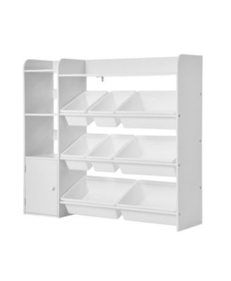 Kids Toy Storage Organizer with Bookshelf, 4-Tier Cubby Cabinet with 8 Flexible Plastic Bins, Toy & Book Storage, White