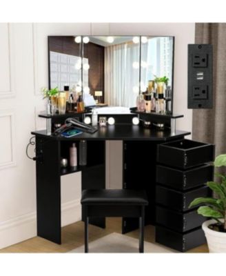 Farmhouse Vanity Desk with Mirror and Lights,Modern Makeup Vanity with Charging Station