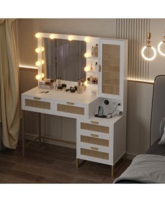 Vanity Benches, Modern Makeup Vanity Desk with Adjustable Mirror, Built in Charging Station