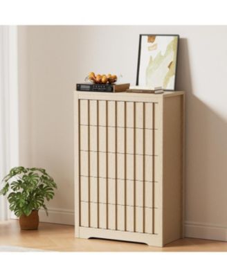 5-Drawer Modern Fluted Wood Dresser Bedroom Chest, Handleless Deep Storage Closet Organizer for Living Room, Hallway Oak