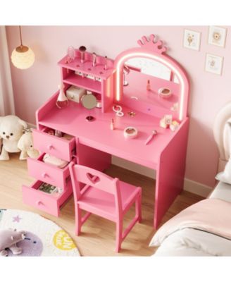 Kids Vanity with Lights – 2-in-1 Princess Makeup Toddler Vanity Table with Stool & Drawers, Wooden Girls Vanity Desk for Pretend Play