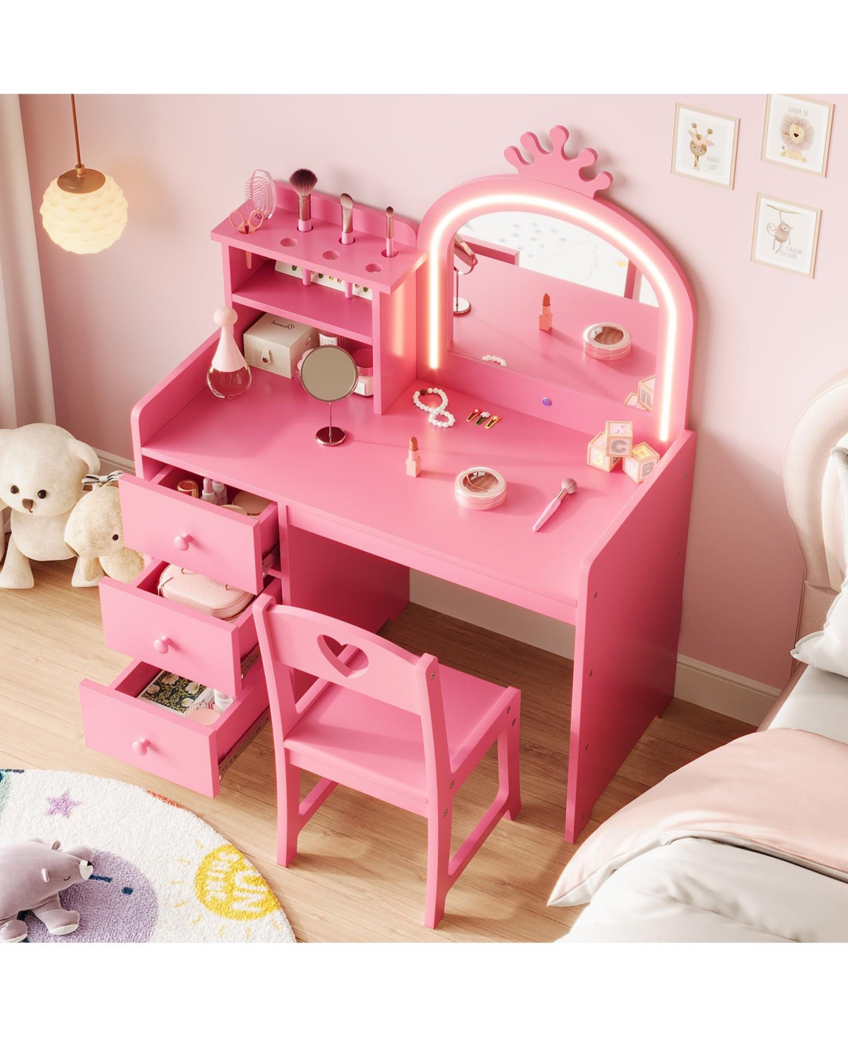 gaomon Kids Vanity with Lights – 2-in-1 Princess Makeup Toddler Table Stool & Drawers, Wooden Girls Desk for Pretend Play
