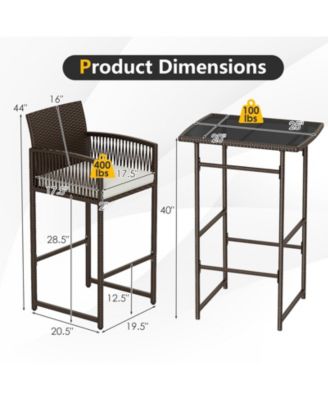 Outdoor 3-Piece Wicker Bar Set with Seat Cushions