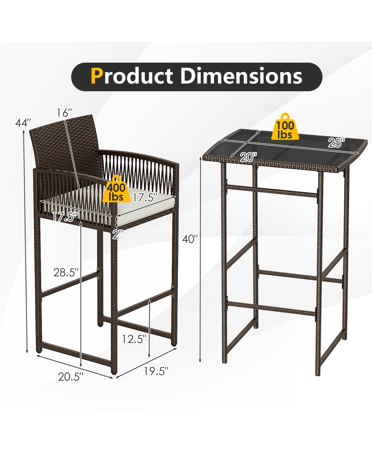 Slickblue Outdoor 3-Piece Wicker Bar Set with Seat Cushions