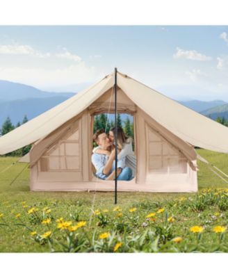 Inflatable Camping Tent, 3-5 Person, Hand Pump Included, 300D Oxford 4-Season Tent with Canopy, Stove Jack, 2 Doors, 2 Mesh Windows