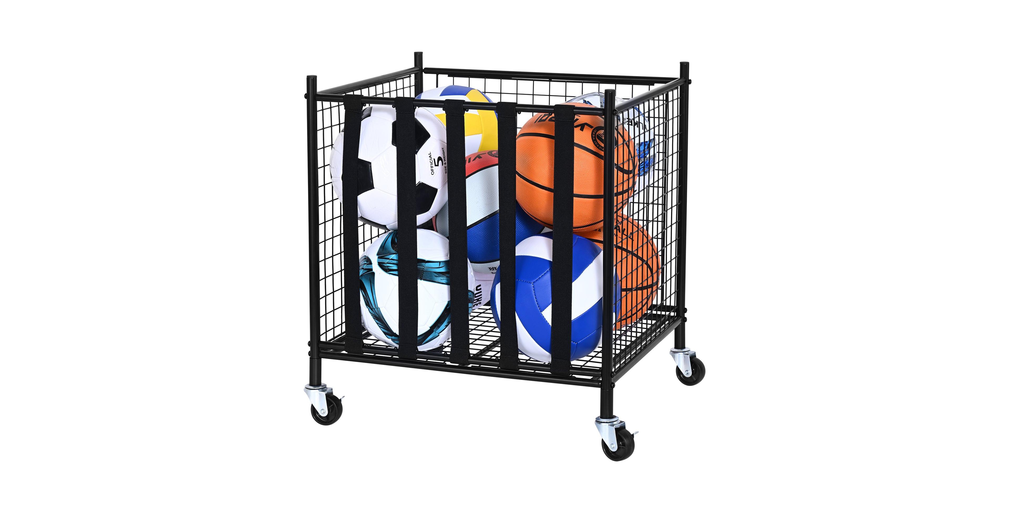 Mecale Rolling Sports Ball Storage Cart, Lockable Basketball Cage, Elastic Straps, Steel Equipment Organizer for Indoor or Outdoor Use