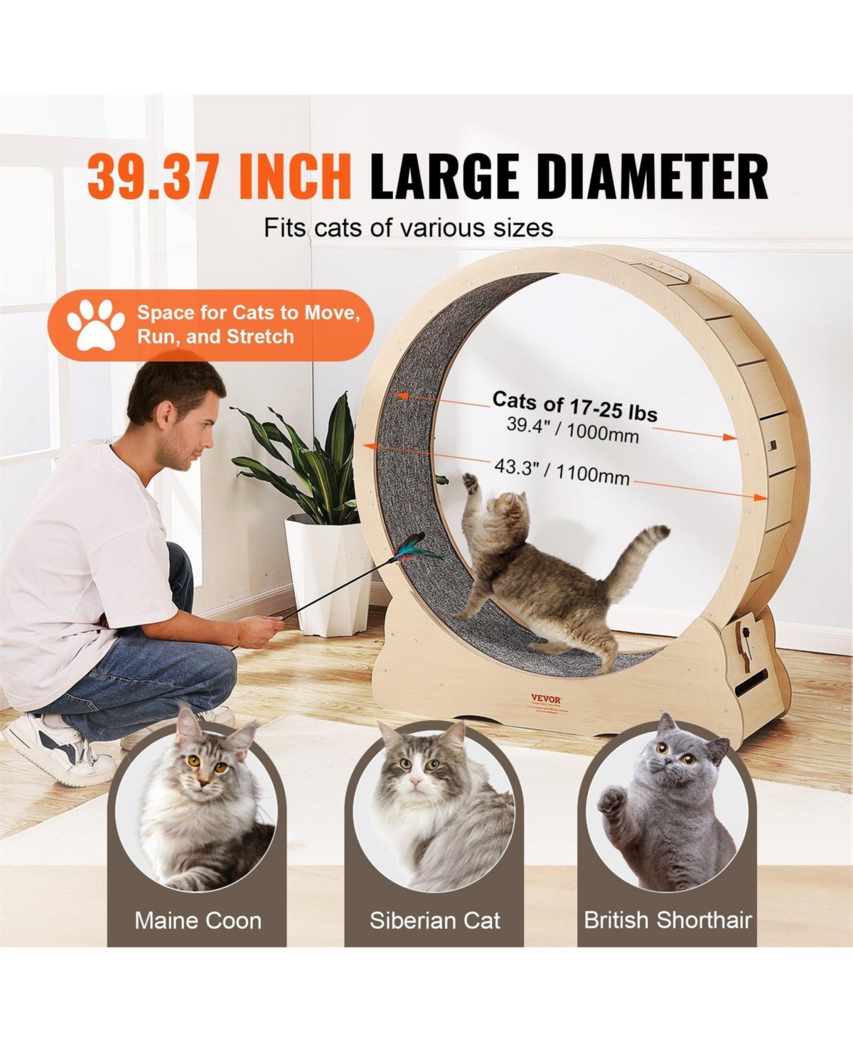 Aostirmotor 43.3 in Wooden Cat Running Wheel with Carpeted Runway in Yellow