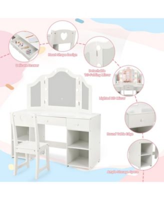 Kids Vanity Set with Mirror, 2-in-1 Wooden Toddler Vanity Table with Stool, Tri-Folding Mirror & Drawer, Removable Top