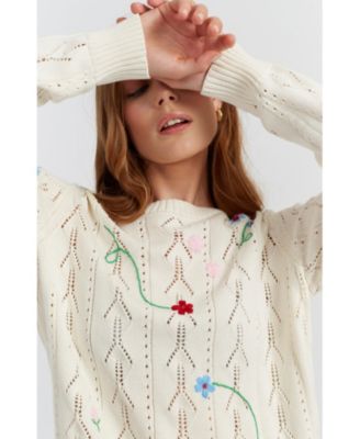 Women's Hand-Embroidered Floral Cotton Sweater