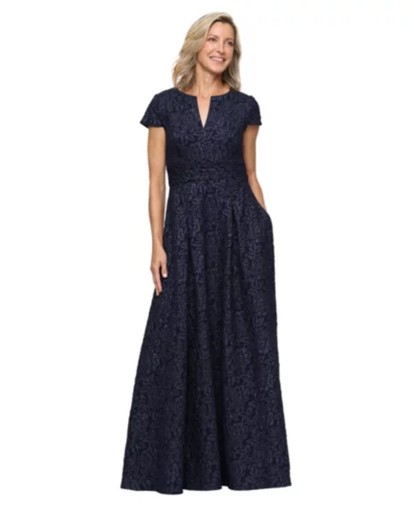 Petite Embossed Crepe Ball Gown - Navy