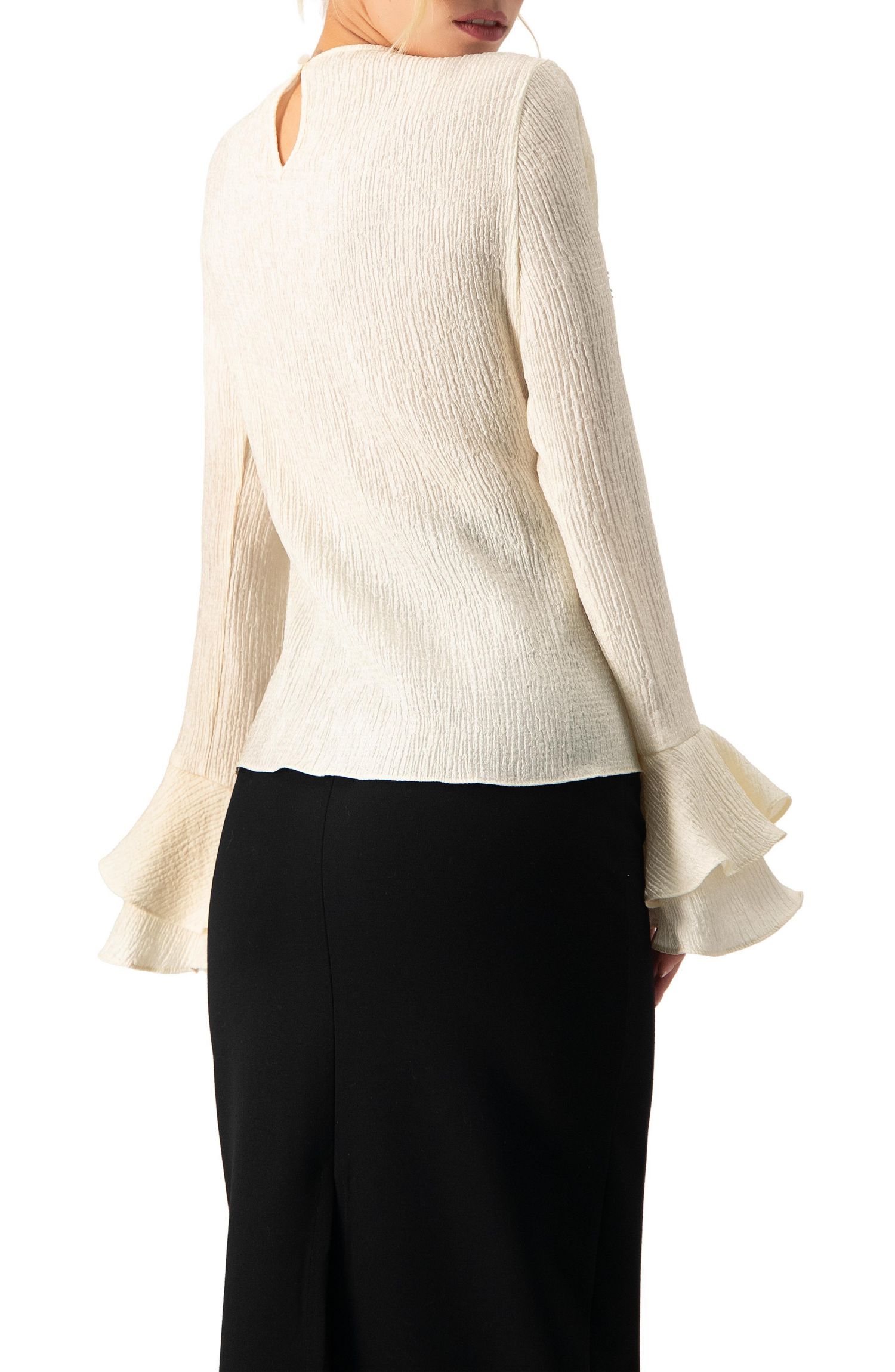 Women's Long Sleeve Ruffled Cuff Textured Blouse
