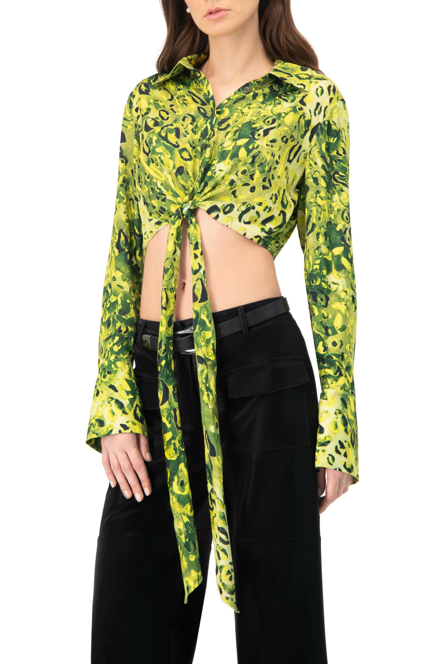 Women's Cropped Animal Print Shirt With Waist tie