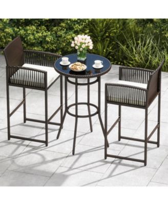Patio Wicker Bar Height Round Table Set with 2 Armchairs