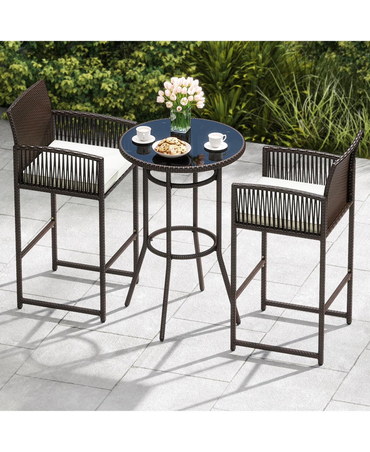 Slickblue Patio Wicker Bar Height Round Table Set with 2 Armchairs