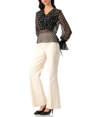 Women's See-Through Polka Dot V-Neck Blouse