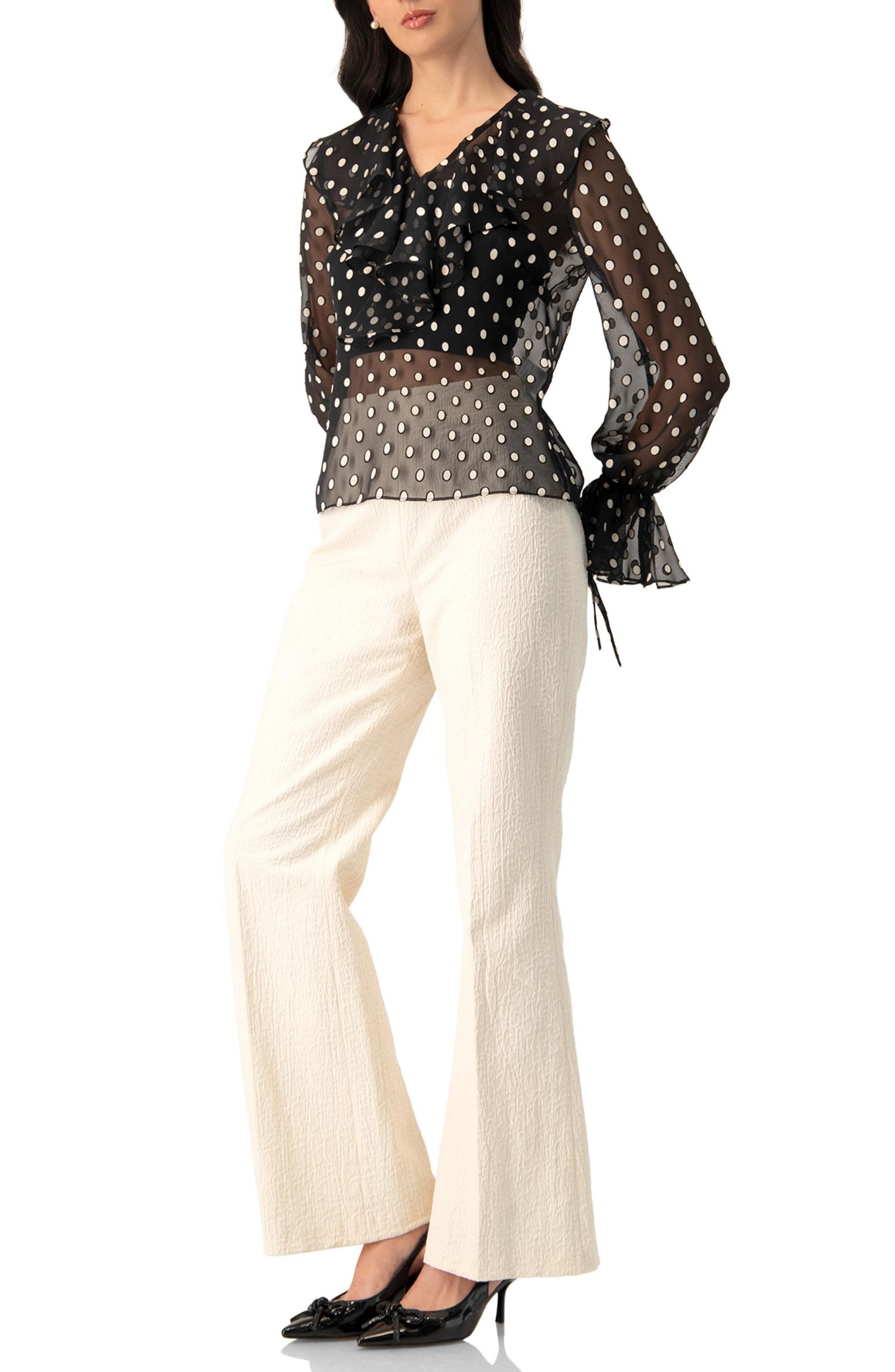 Women's See-Through Polka Dot V-Neck Blouse