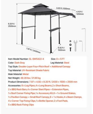 8 x 5 ft Grill Gazebo, Double-Tiered Top BBQ Gazebo with Extra Awning, Steel Frame, 2 Side Shelves, Bottle Opener and Hooks