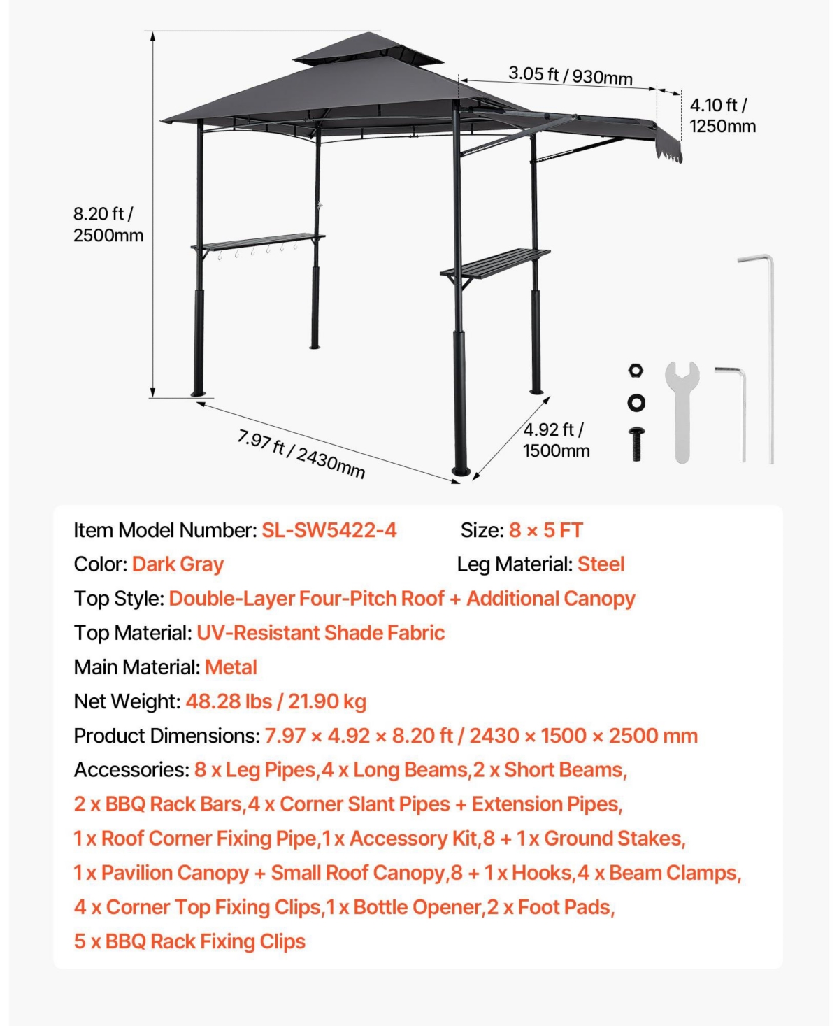 Mecale 8 x 5 ft Grill Gazebo, Double-Tiered Top Bbq Gazebo with Extra Awning, Steel Frame, 2 Side Shelves, Bottle Opener and Hooks
