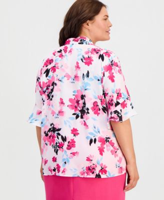 Plus Size Printed Short-Sleeve Tie-Neck Top