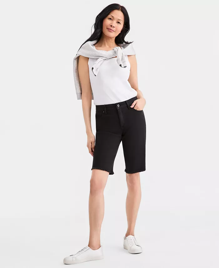 Women's Mid-Rise Raw-Edge Bermuda Jean Shorts