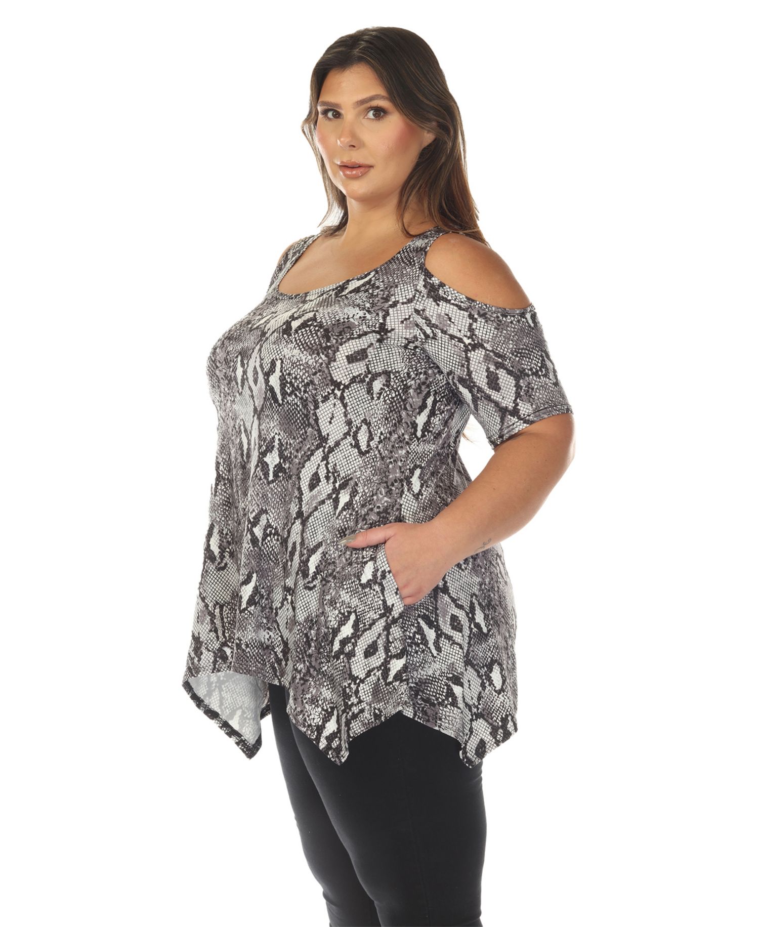Plus Size Cold Shoulder Snake Print Swing Top