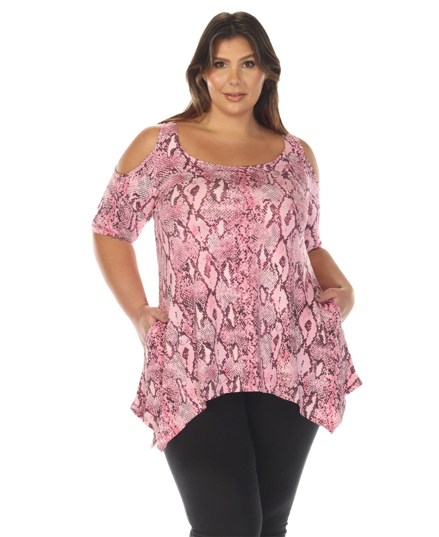 Plus Size Cold Shoulder Snake Print Swing Top