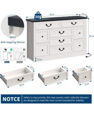 9-Drawer Farmhouse Engineered Wood Dresser, Built-In Charging Station, Anti-Tip Device, Bedroom, Black