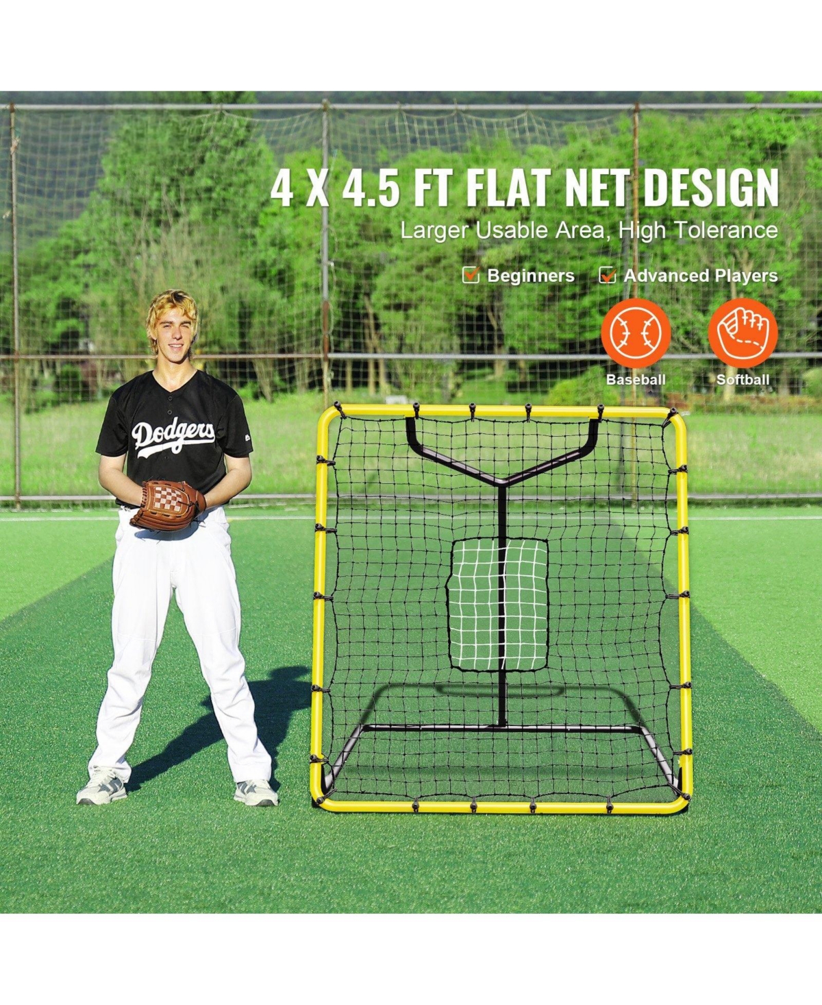 Mecale Baseball/Softball Rebounder Net, 4' x 4.5', Pitchback Trainer w/ Target, 4 Adjustable Angles