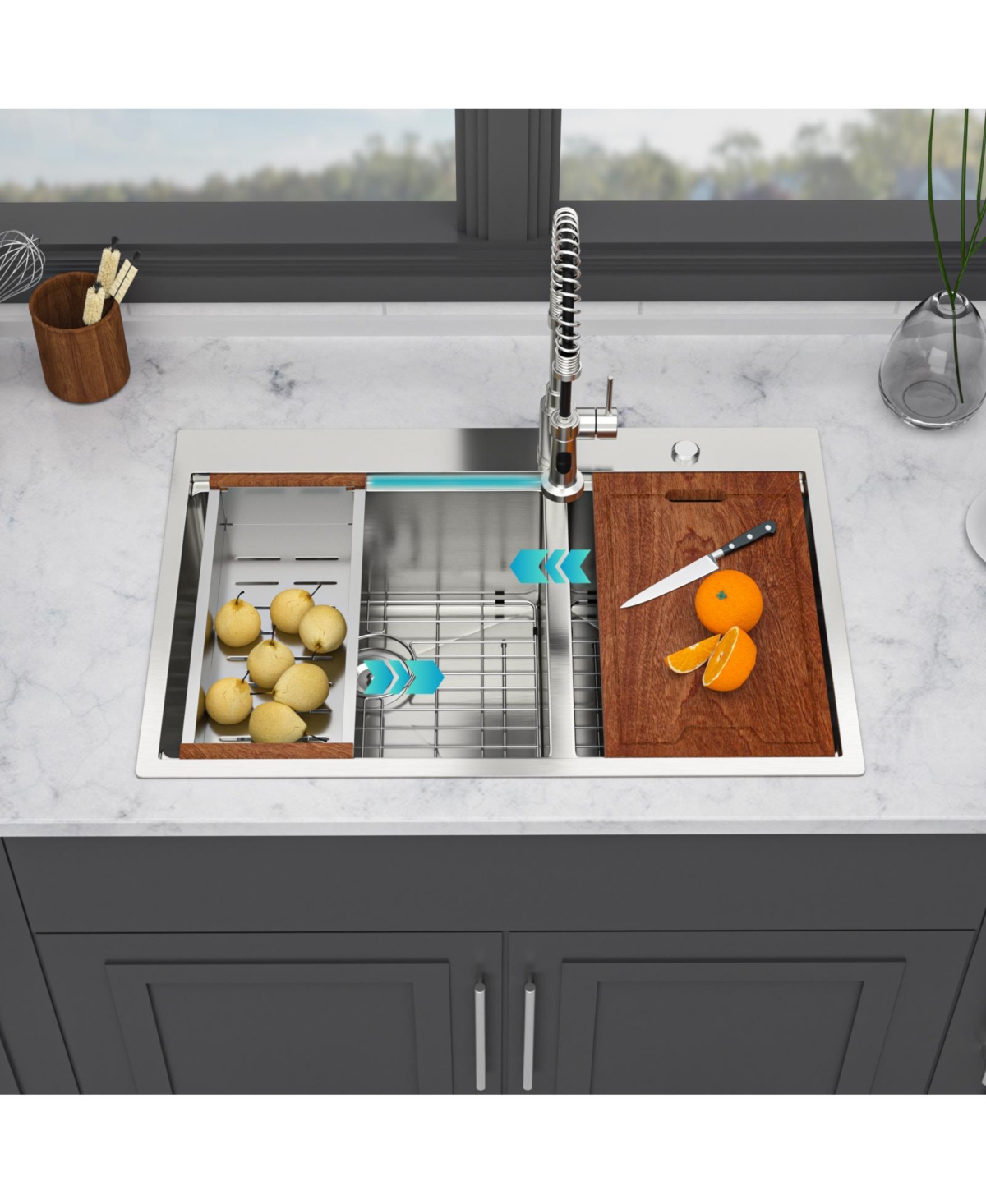 flynama 33x22x10inch Topmount Double Bowl Kitchen Sink 16 Gauge 60 and 40 Split Brushed Nickel