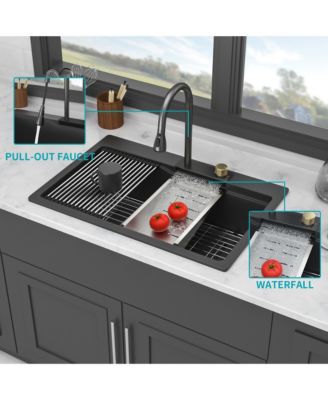 33x22x10inch Black Composite Granite Quartz Drop In Single Bowl Workstation Waterfall Kitchen Sink with Pull Out Faucet