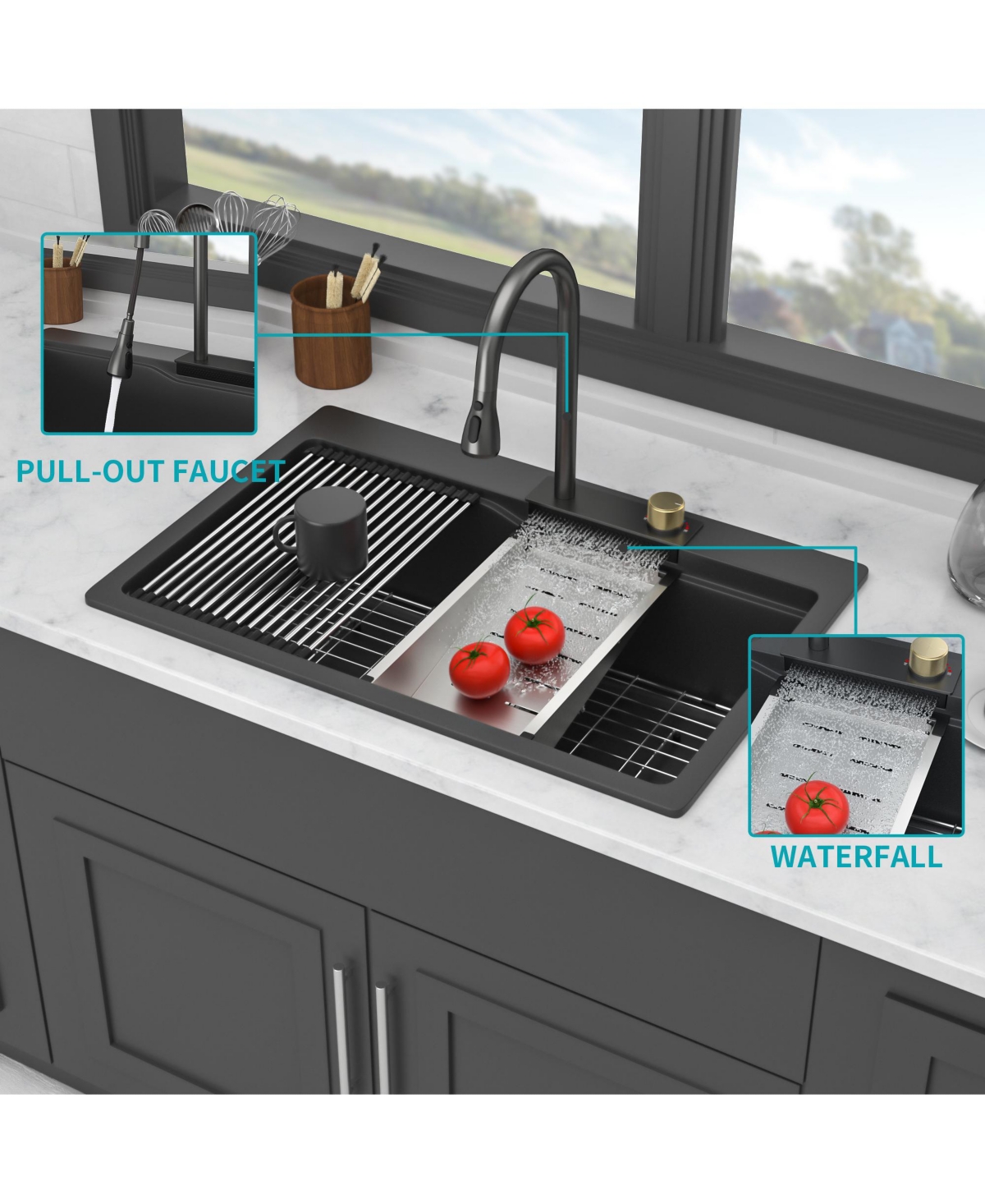 flynama 33x22x10inch Black Composite Granite Quartz Drop In Single Bowl Workstation Waterfall Kitchen Sink with Pull Out Faucet