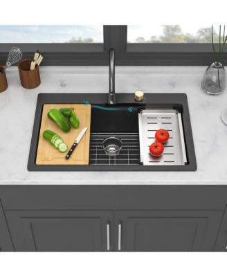 33x22x10inch Black Composite Granite Quartz Drop In Single Bowl Workstation Waterfall Kitchen Sink with Pull Out Faucet