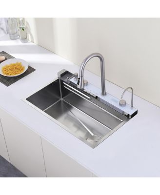 Smart Waterfall Kitchen Sink Single Bowl Pull Out Faucet 304 Stainless Steel