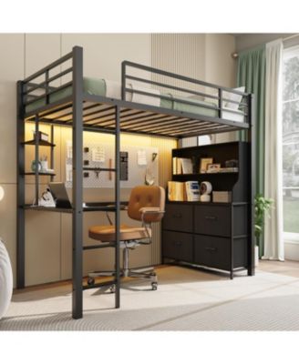 Twin Size Loft Bed with Desk, 4 Large Fabric Drawers and Open Shelves, Heavy Duty Metal Loft Bed with LED Lights