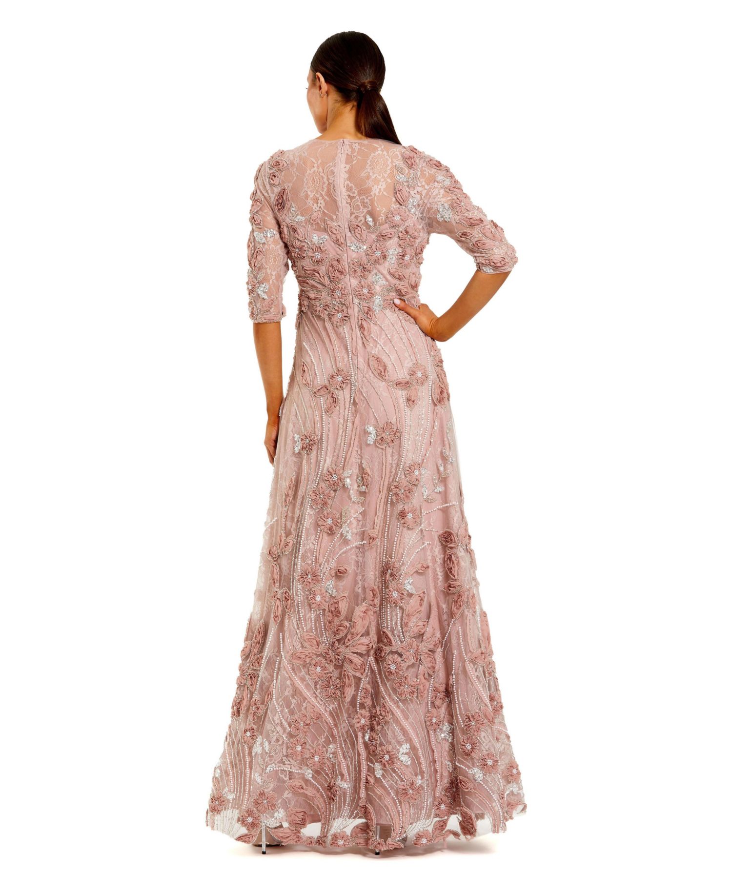 Petite 3/4 Sleeve High Neck Embroidered A Line Gown
