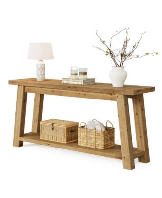 70.9" Solid Wood Console Table, 2-Tier Farmhouse Sofa Table for Entryway & Living Room, Natural