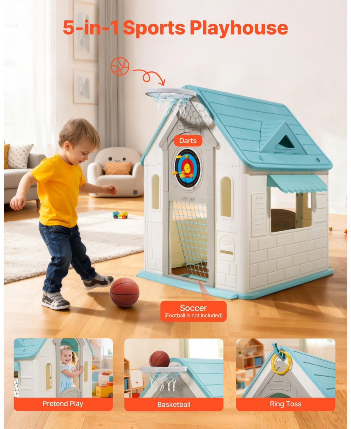 Mecale 5-in-1 Outdoor Playhouse Cottage, Pretend Play + Basketball, Darts, Soccer, Ring Toss, Door & Window, Ages 2