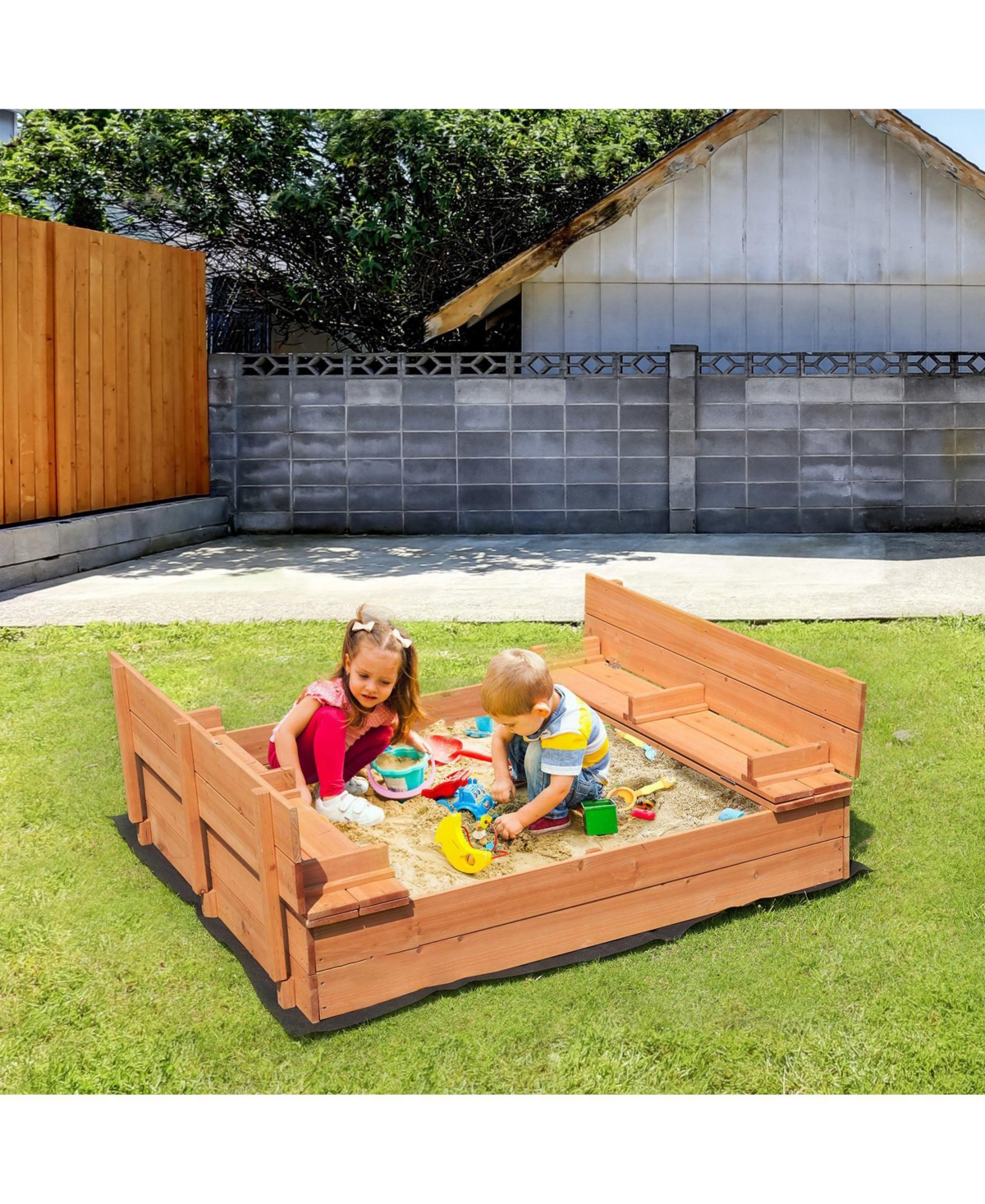 Mecale Wooden Sandbox, 52.4" x 47.2" x 16.9", Foldable Bench Seats & Bottom Liner, Ages 3-12