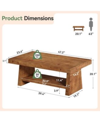 Solid Wood Coffee Table, 47-Inch Farmhouse Coffee Table with Storage, 2-Tier Rectangular Center Furniture