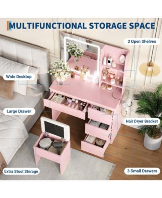 Makeup Vanity Desk with Lighted Mirror, Dressing Table Set with 4 Drawers, Power Outlet, Storage Shelves