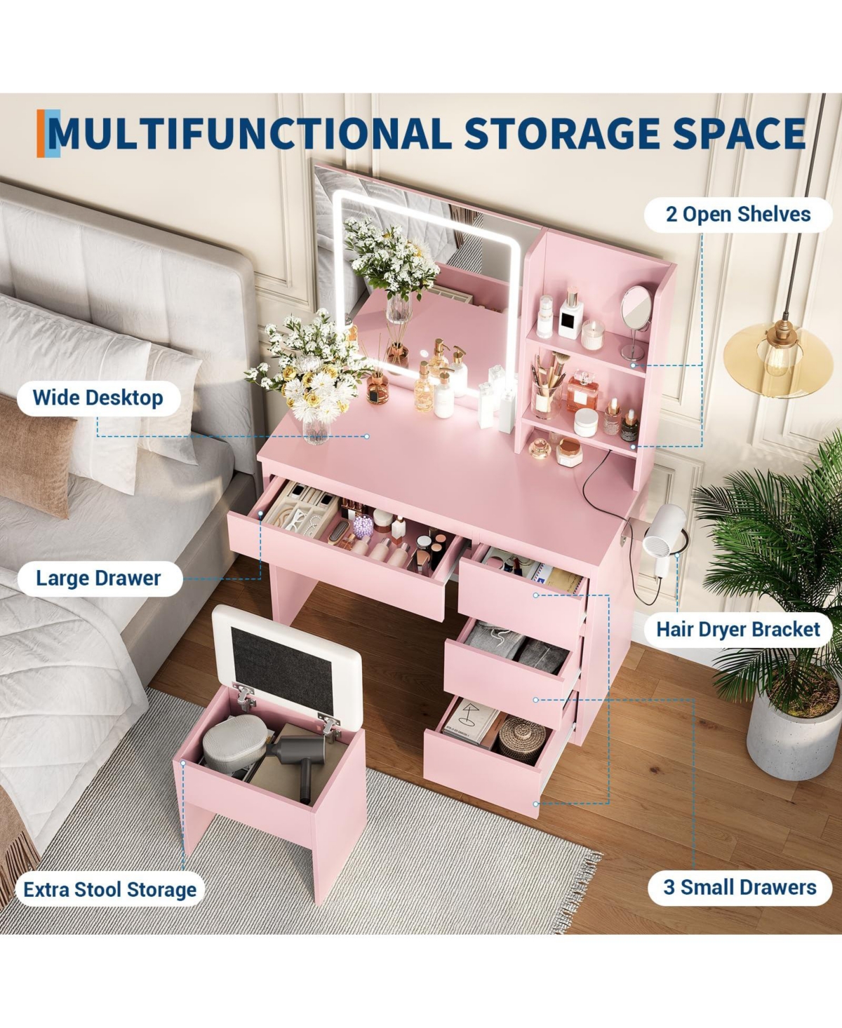 gaomon Makeup Vanity Desk with Lighted Mirror, Dressing Table Set 4 Drawers, Power Outlet, Storage Shelves