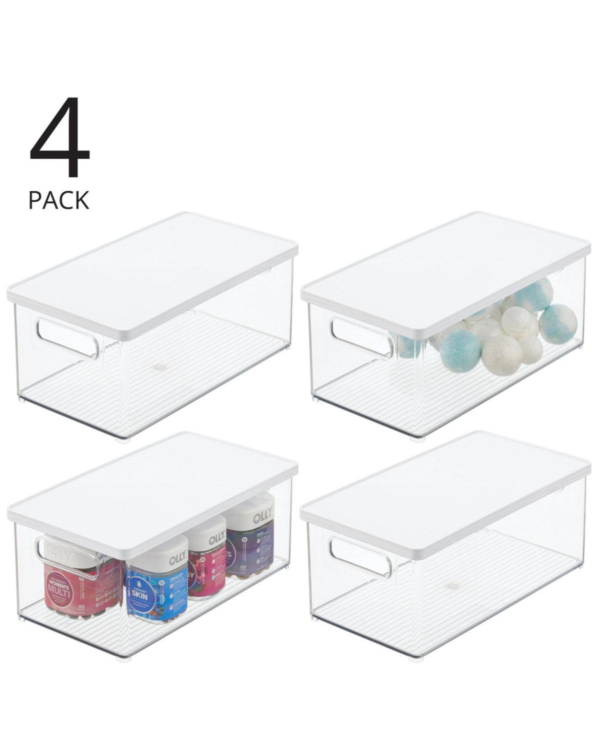 mDesign Plastic Storage Bin Box Container, Lid and Handles, 4 Pack, Clear/White