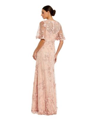 Petite women's Flutter Sleeve Floral Embroidered Net Gown