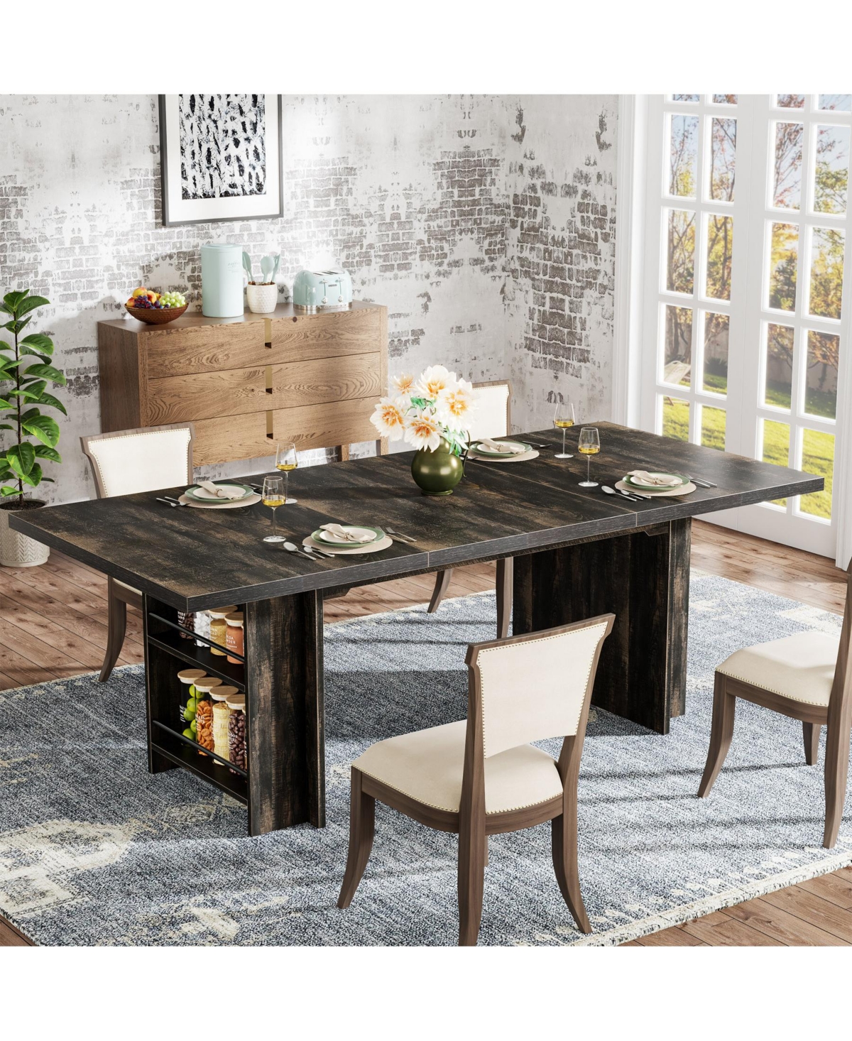 Tribesigns Farmhouse Dining Table for 6 to 8, 63-Inch Rectangular Wooden Kitchen with Storage, Industrial Dinner Shelves
