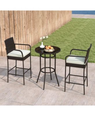 Outdoor Rattan Bar Table Set with 2 Cushioned Chairs