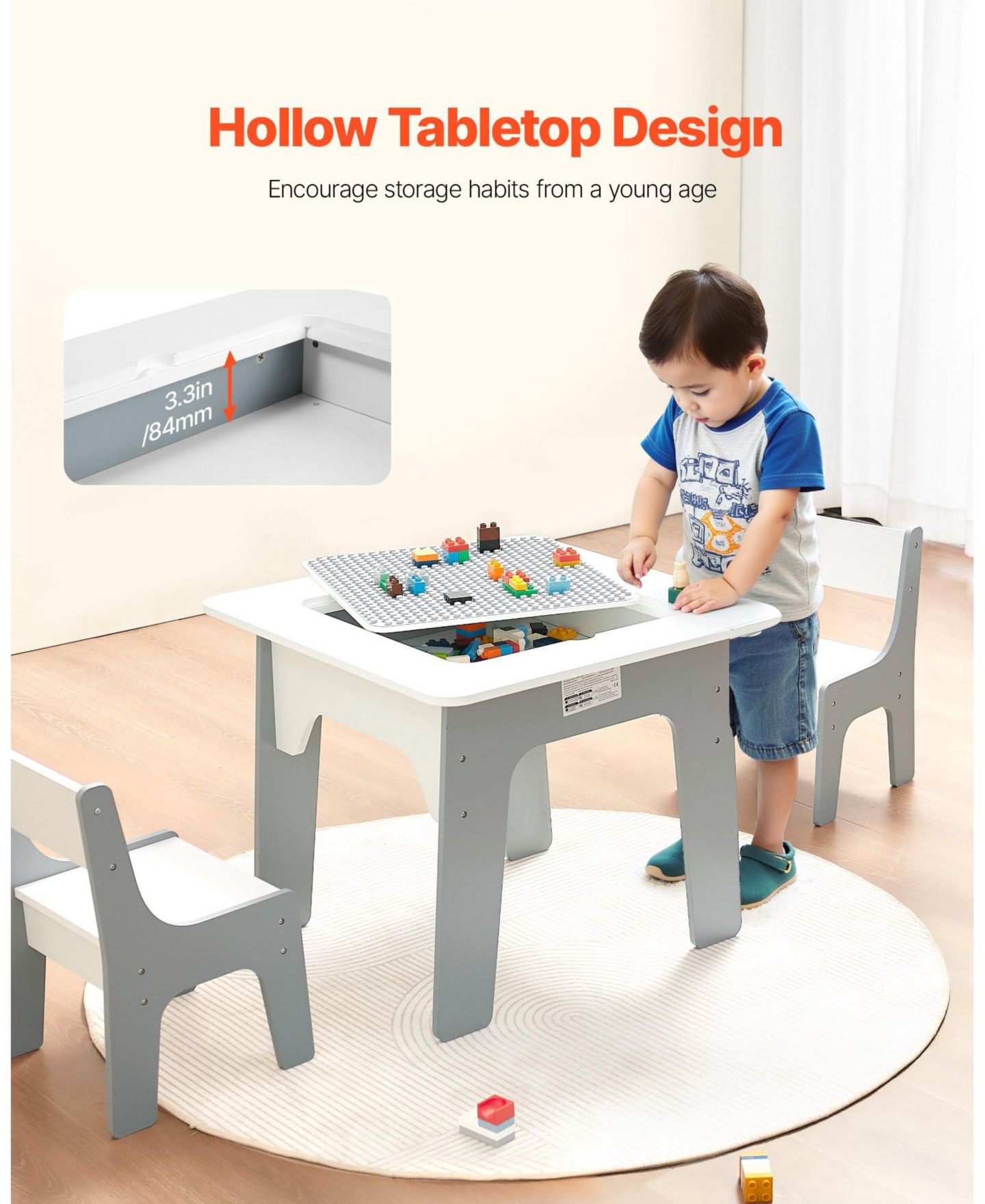 Детские игрушки HONGGE Kids Activity Play Table with Storage and Reversible Desktop, 3-Piece Set, Ages 3+, цвет: Серый — фото 10