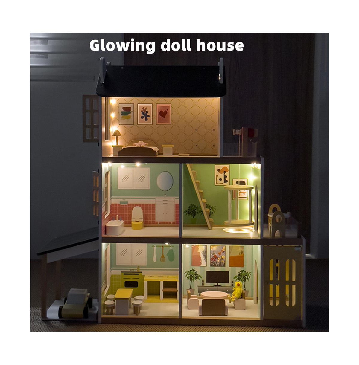 Bruce & Shark Light-Up Dollhouse for Girls, 3-Story Wooden House with Balcony & Furniture
